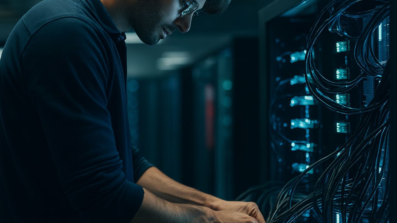 Smart‑hands engineer performing cable management as part of remote hands colocation services.